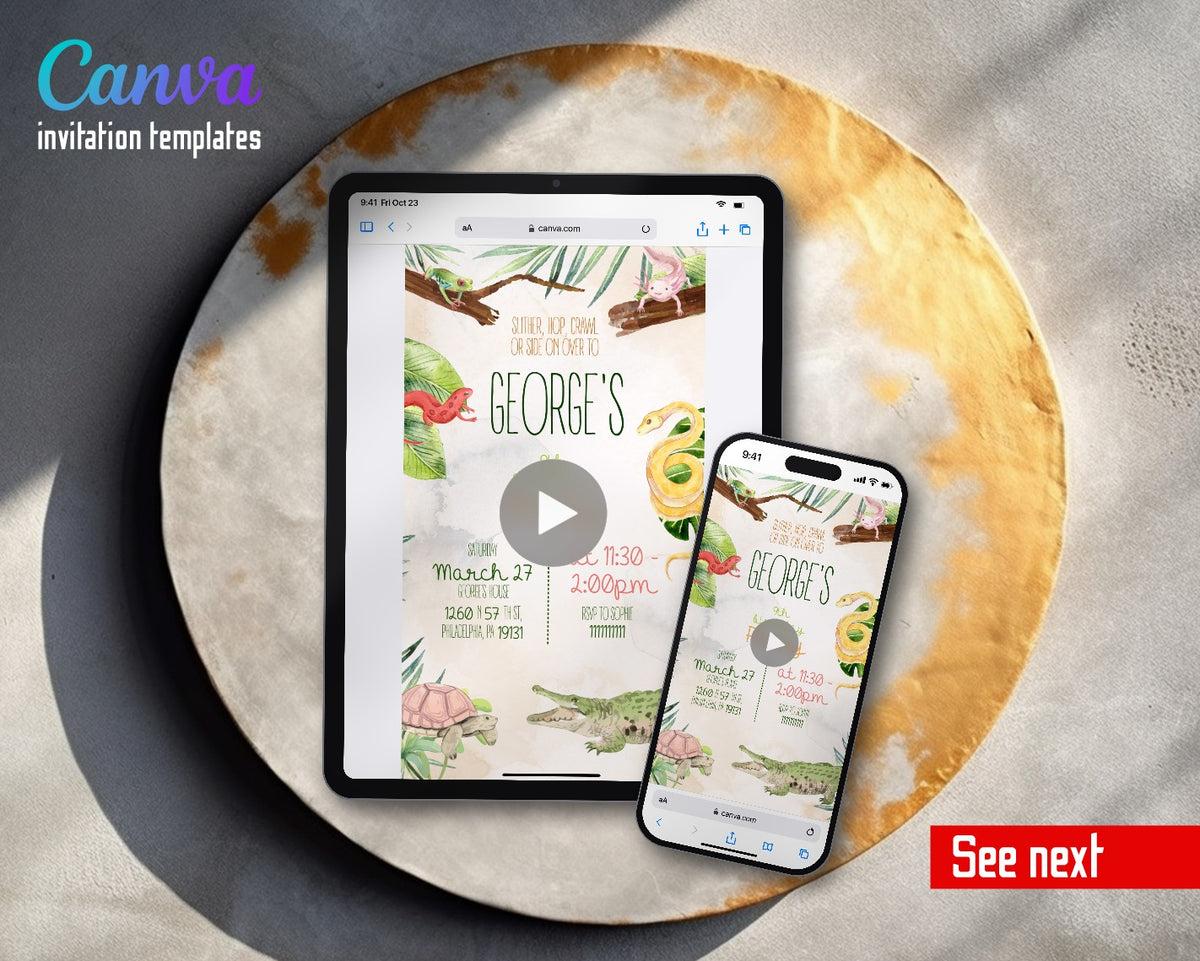 Reptile Lizard Snake Watercolor Slither Hop Crawl Video Birthday Invitation | Animated Evite | Editable Canva