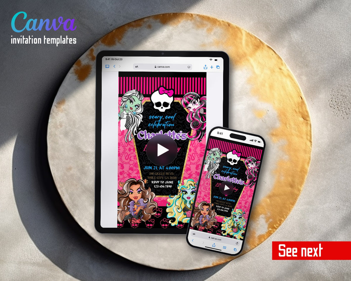 Monster High Coffin Frame Purple Name Video Birthday Invitation | Animated Evite | Editable Canva