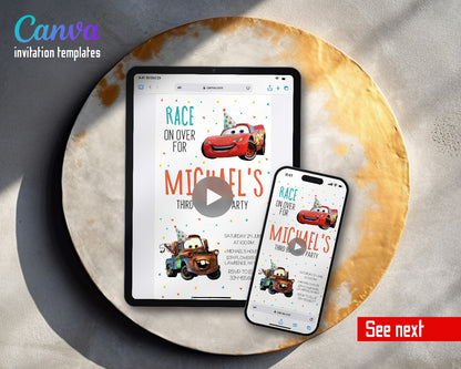 Cars Lightning McQueen Party Hat Mater Video Birthday Invitation | Animated Evite | Editable Canva