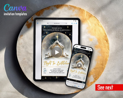 A Night In Bethlehem Nativity Arch Gold Title Video Birthday Invitation | Animated Evite | Editable Canva