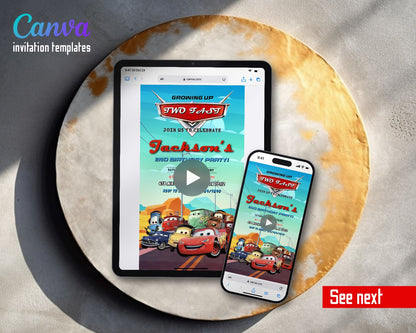 Cars Lightning Mcqueen Two Desert Highway Convoy Video Birthday Invitation | Animated Evite | Editable Canva