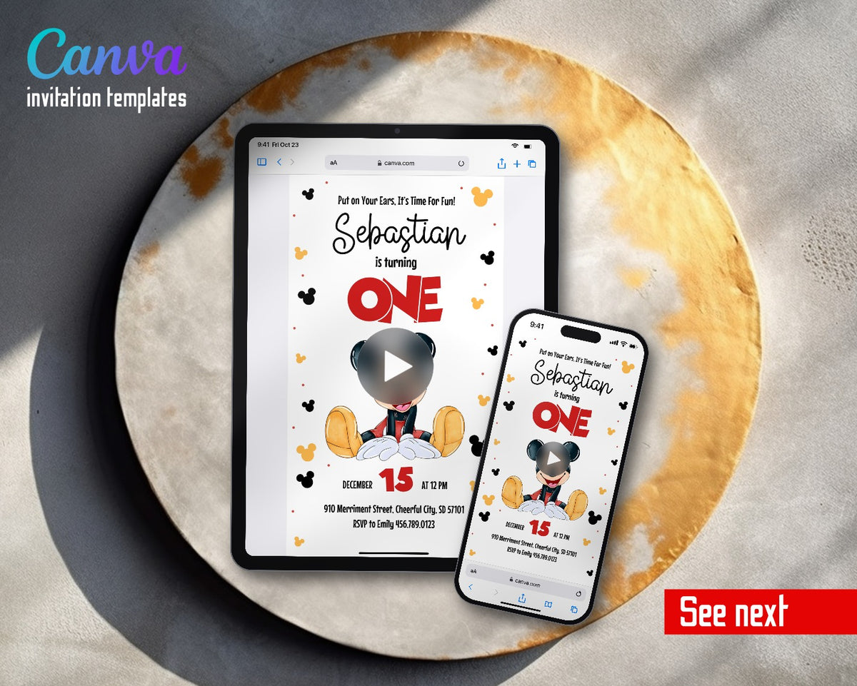 Mickey Mouse 1st Birthday Minimal Silhouettes Video Birthday Invitation | Animated Evite | Editable Canva