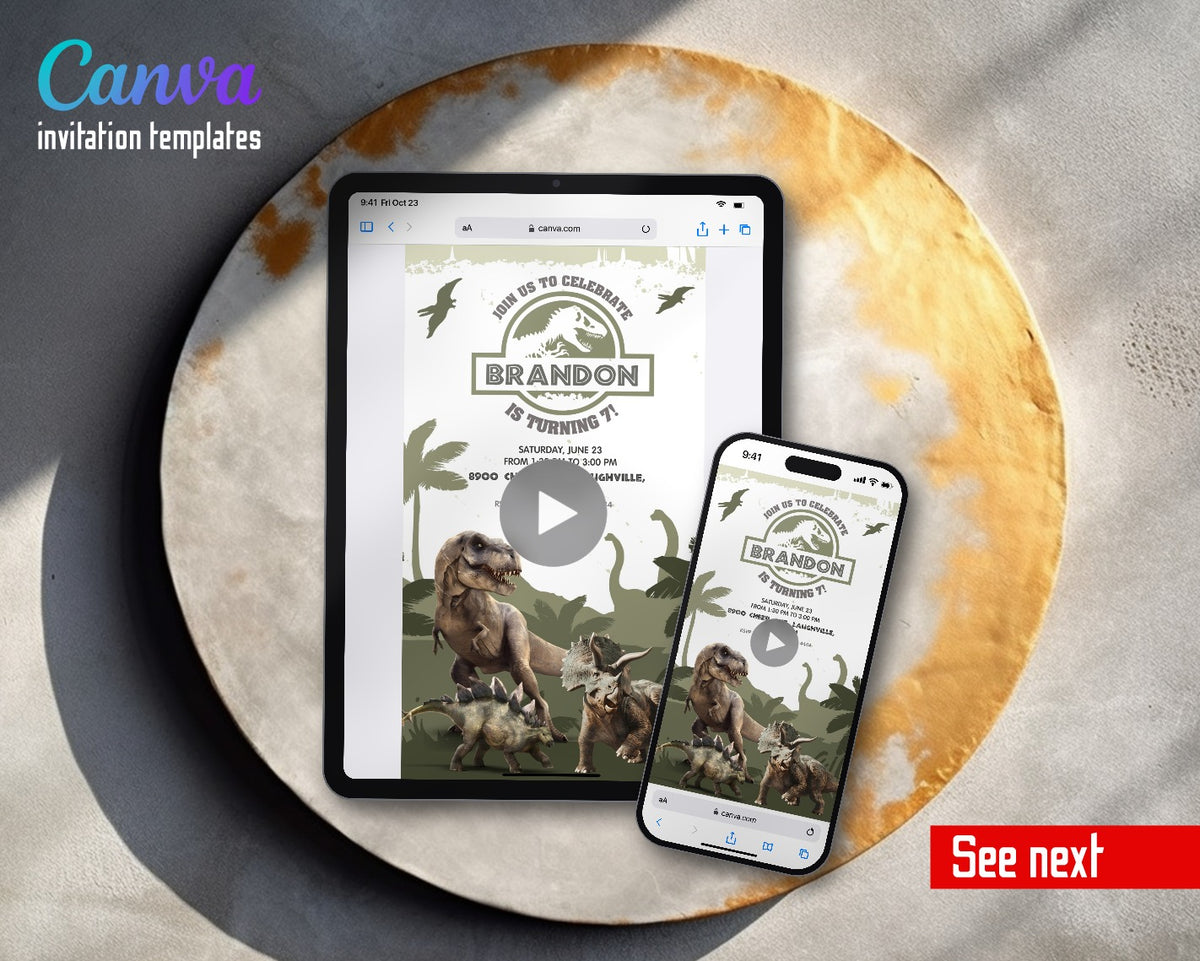 Jurassic World Dinosaur Olive Silhouette Dino Herd Video Birthday Invitation | Animated Evite | Editable Canva