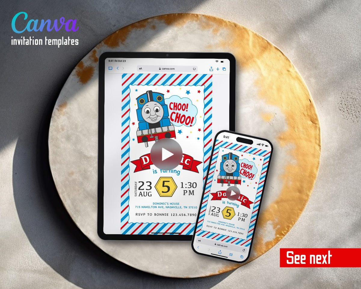 Thomas Train & Friends Choo Choo Candy Stripes Video Birthday Invitation | Animated Evite | Editable Canva