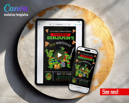 Teenage Mutant Ninja Turtles Pizza Chalk Video Birthday Invitation | Animated Evite | Editable Canva