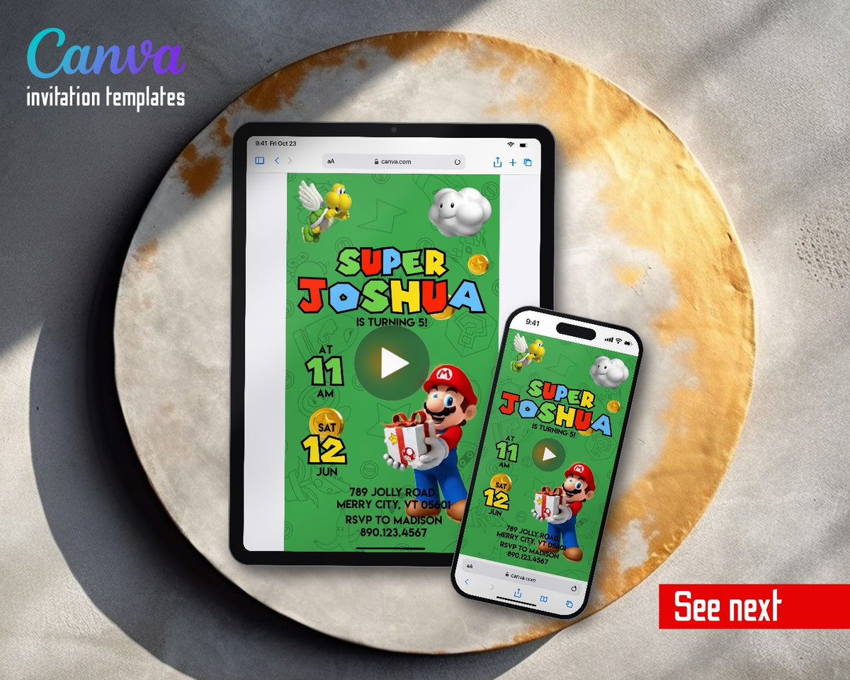 Super Mario Bros Green Gift Coins Video Birthday Invitation | Animated Evite | Editable Canva