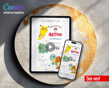 Pokemon Pikachu Starter Trio Minimal Video Birthday Invitation | Animated Evite | Editable Canva