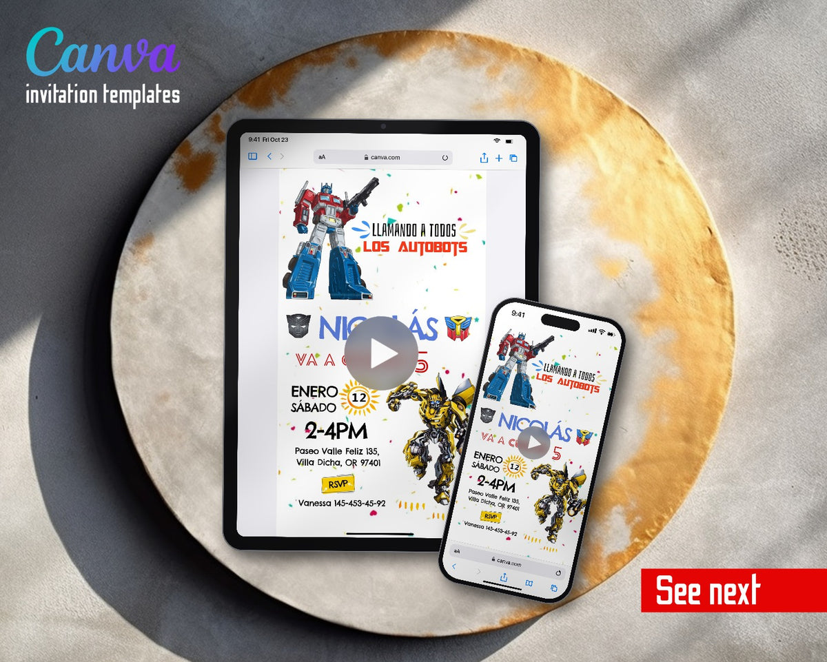 Transformers Rescue Bots Confetti Optimus Spanish Video Birthday Invitation | Animated Evite | Editable Canva