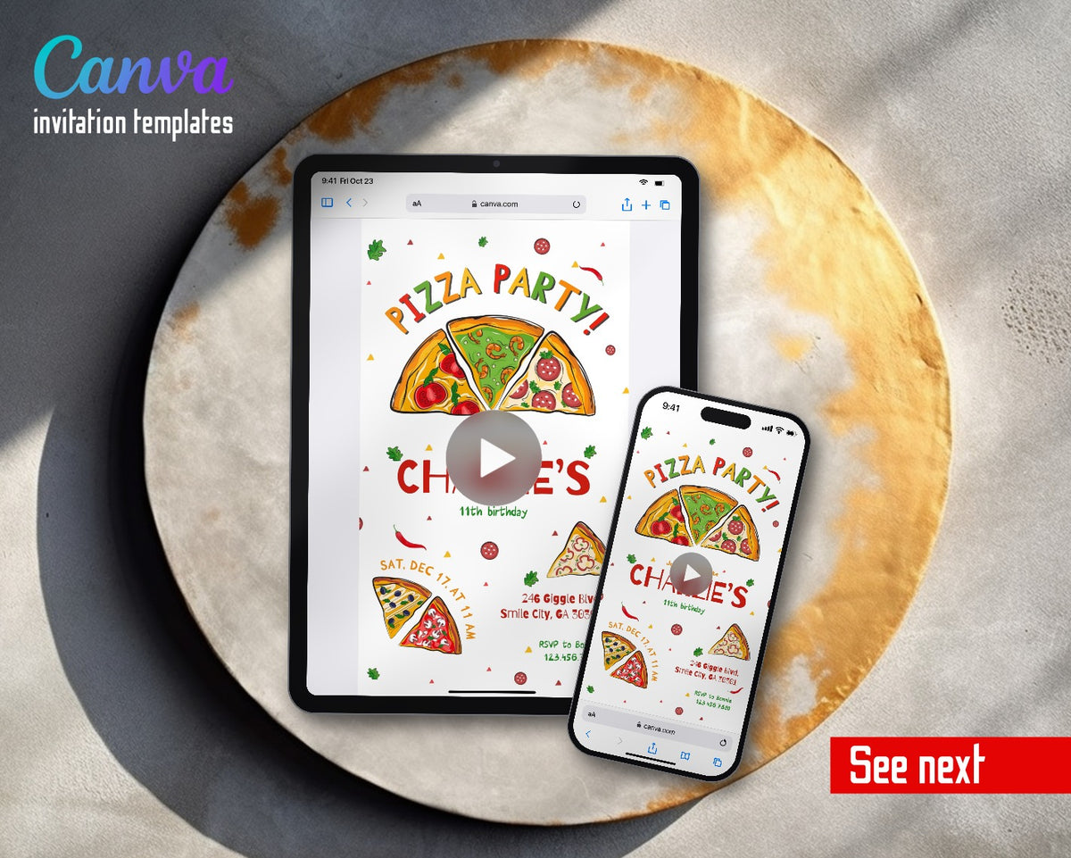 Pizza Party Slices White Video Birthday Invitation | Animated Evite | Editable Canva