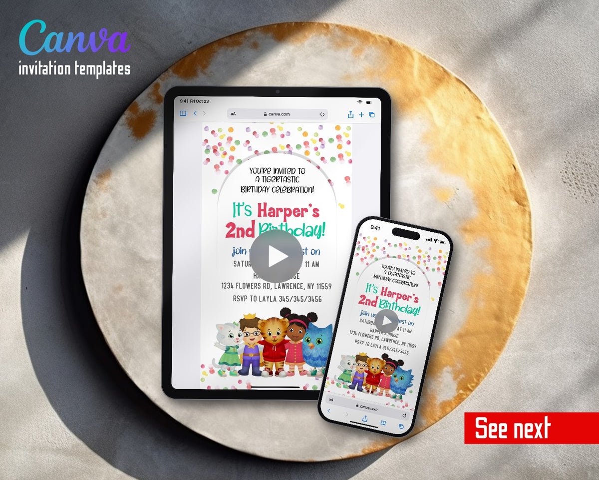 Daniel Tiger's Neighborhood Confetti Friends Lineup Video Birthday Invitation | Animated Evite | Editable Canva
