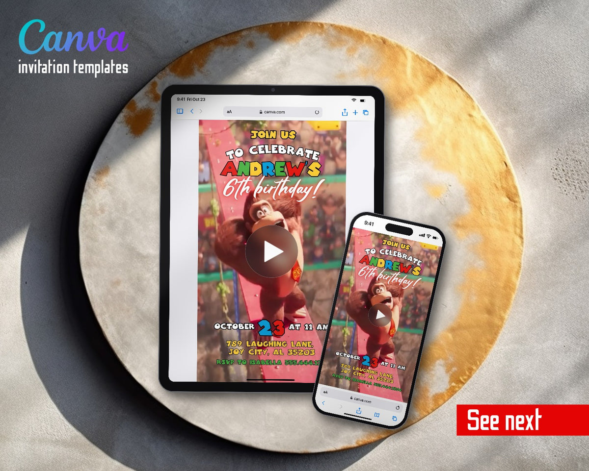 Super Mario Bros Donkey Kong Vine Swing Video Birthday Invitation | Animated Evite | Editable Canva