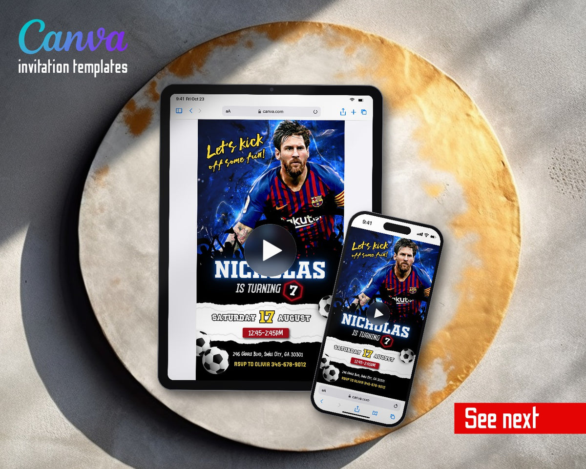 Messi Fifa Soccer Barcelona Star Stadium Crowd Video Birthday Invitation | Animated Evite | Editable Canva