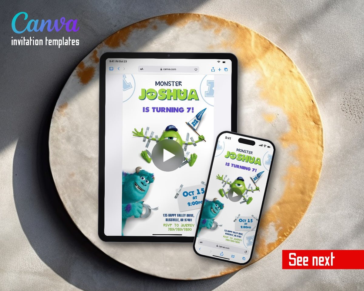 Monsters, Inc. Taped Mike Pennant Video Birthday Invitation | Animated Evite | Editable Canva