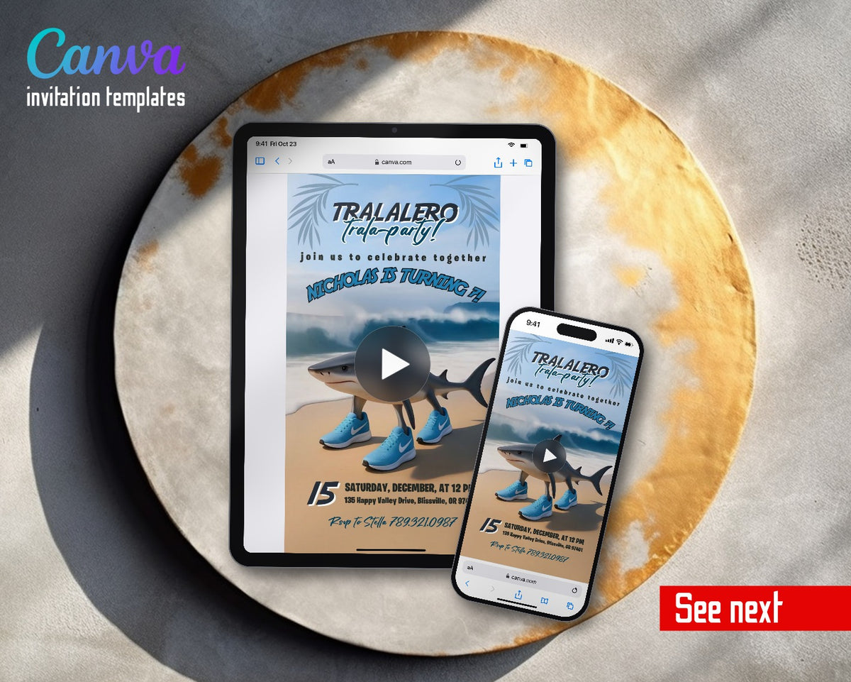 italian BrainRot meme Tralalelo Tralala Sneaker Shark Beach Video Birthday Invitation | Animated Evite | Editable Canva