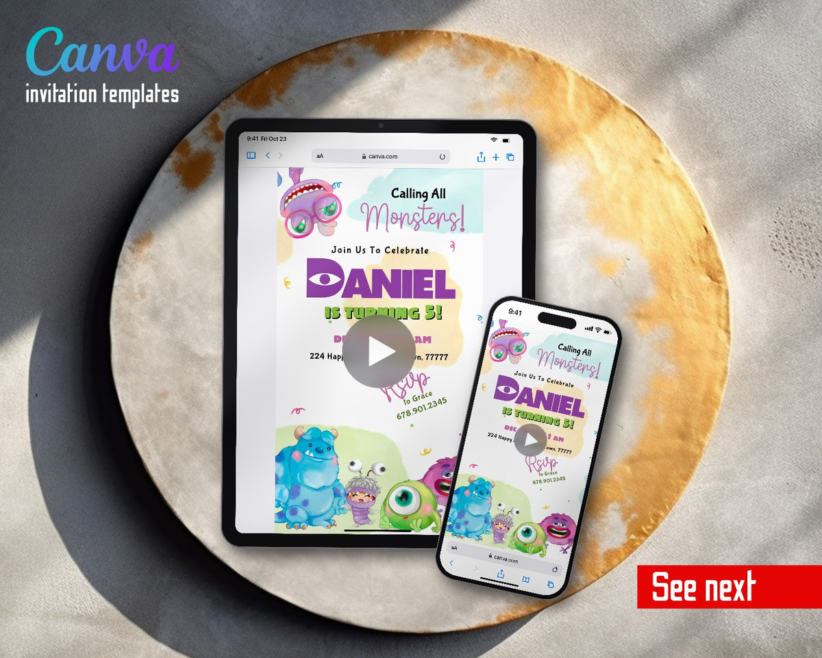 Monsters, Inc. Pastel Splash Cute Monsters Video Birthday Invitation | Animated Evite | Editable Canva