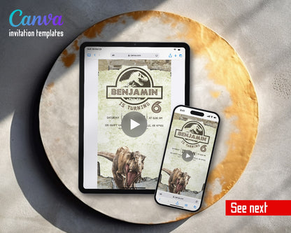Jurassic Park Dinosaur Stone Frame T-Rex Video Birthday Invitation | Animated Evite | Editable Canva