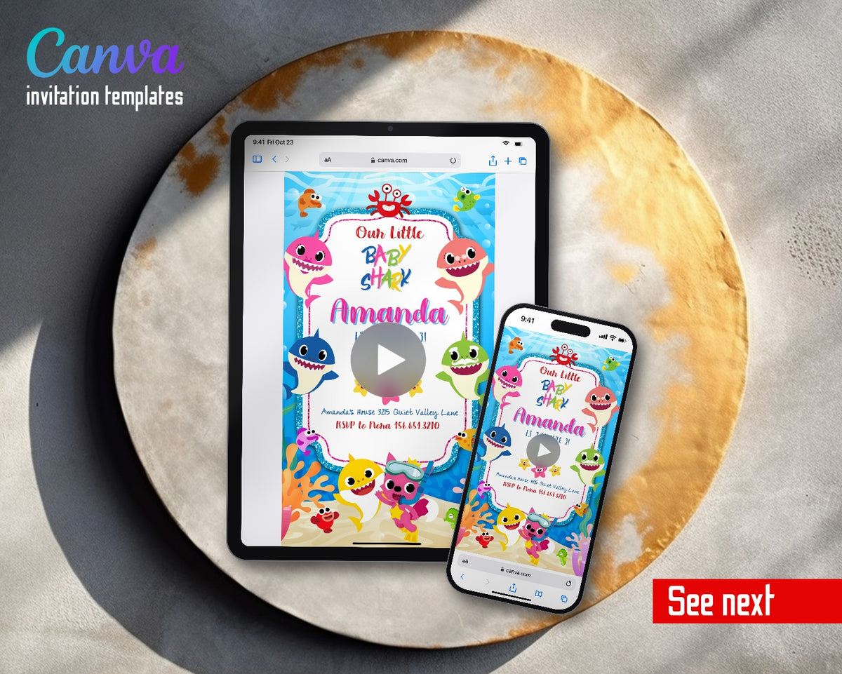 Baby Shark Glitter Frame Underwater Video Birthday Invitation | Animated Evite | Editable Canva