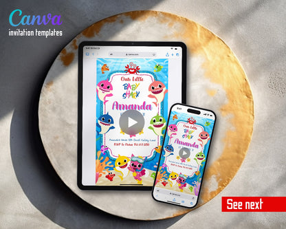 Baby Shark Glitter Frame Underwater Video Birthday Invitation | Animated Evite | Editable Canva