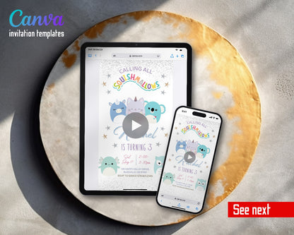 Squishmallows Silver Glitter Unicorn Koala Video Birthday Invitation | Animated Evite | Editable Canva