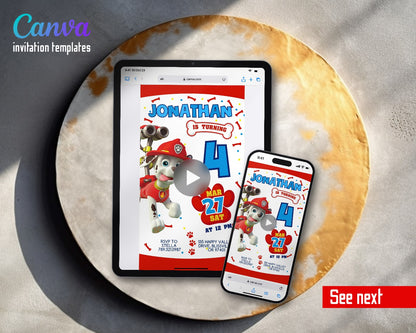 PAW Patrol Marshall Print Date Video Birthday Invitation | Animated Evite | Editable Canva