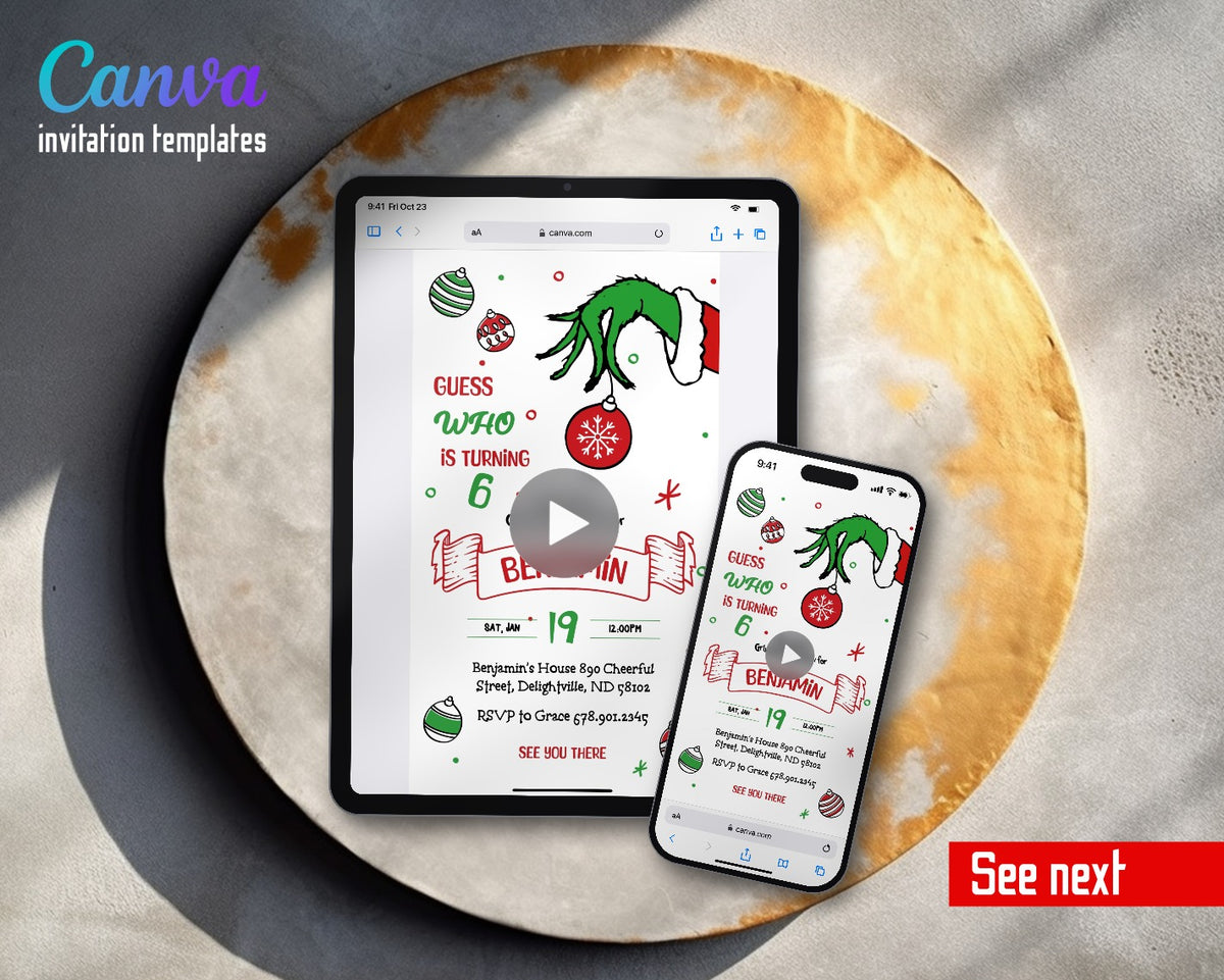 The Grinch Merry Grinchmas Hand Ornament Video Birthday Invitation | Animated Evite | Editable Canva