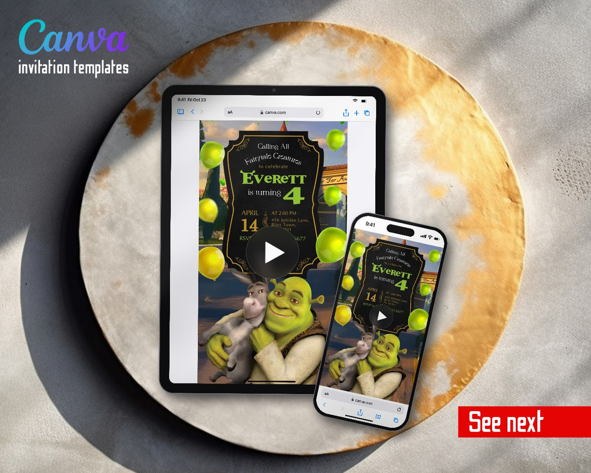 Shrek Gold Frame Donkey Video Birthday Invitation | Animated Evite | Editable Canva