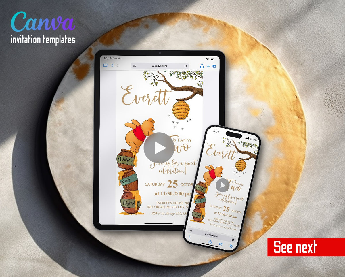 Winnie the Pooh Honey Pot Tree Branch Video Birthday Invitation | Animated Evite | Editable Canva