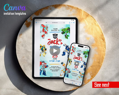 Transformers Rescue Bots Watercolor Teal Video Birthday Invitation | Animated Evite | Editable Canva