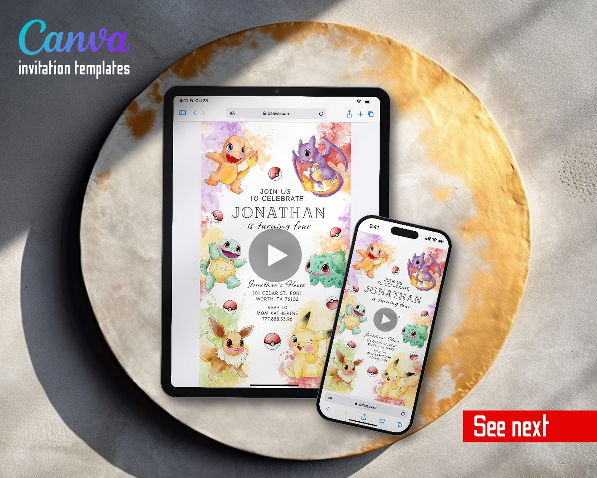 Pokemon Pikachu Rainbow Watercolor Starters Video Birthday Invitation | Animated Evite | Editable Canva