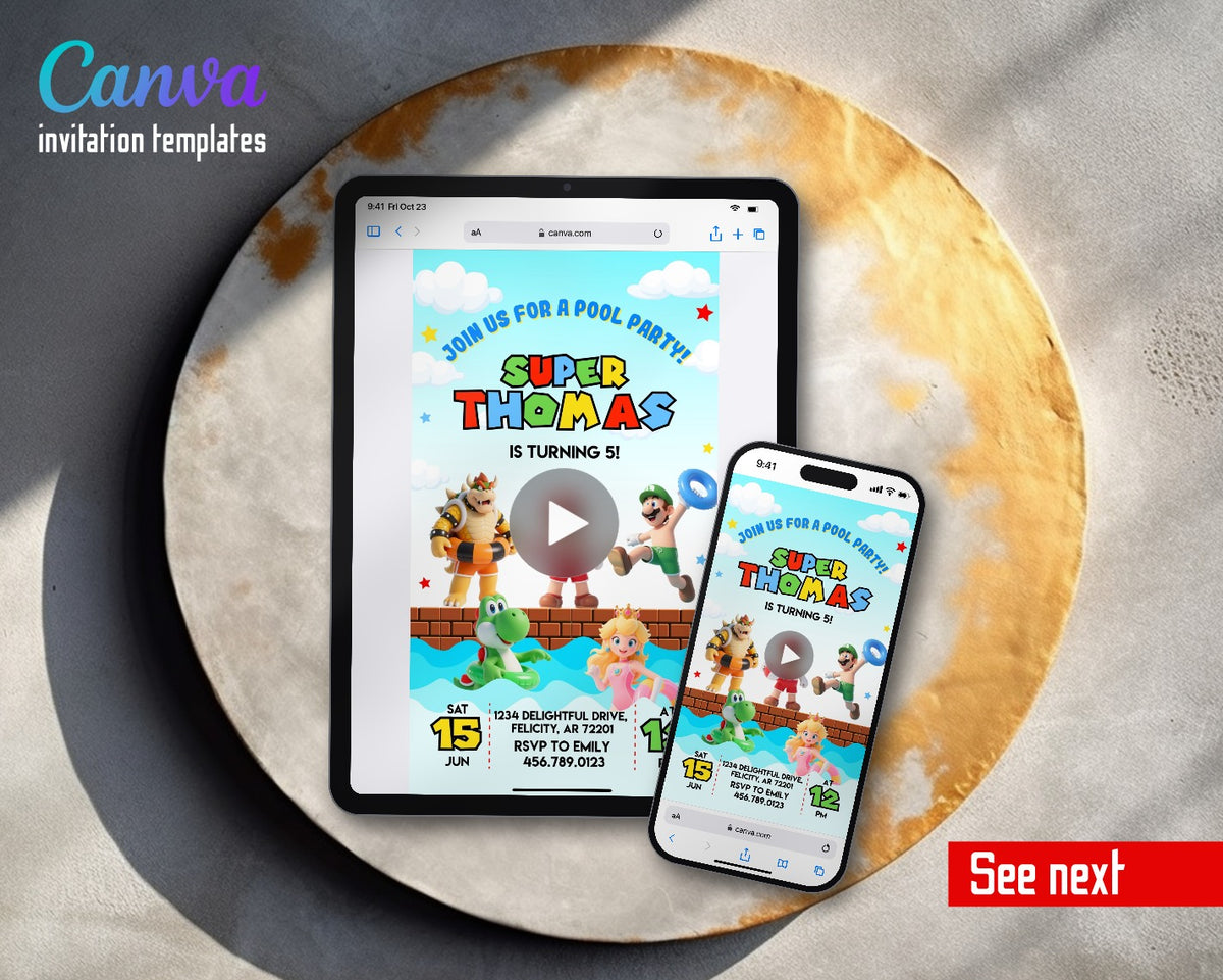 Mario Pool Party Float Rings Video Birthday Invitation | Animated Evite | Editable Canva
