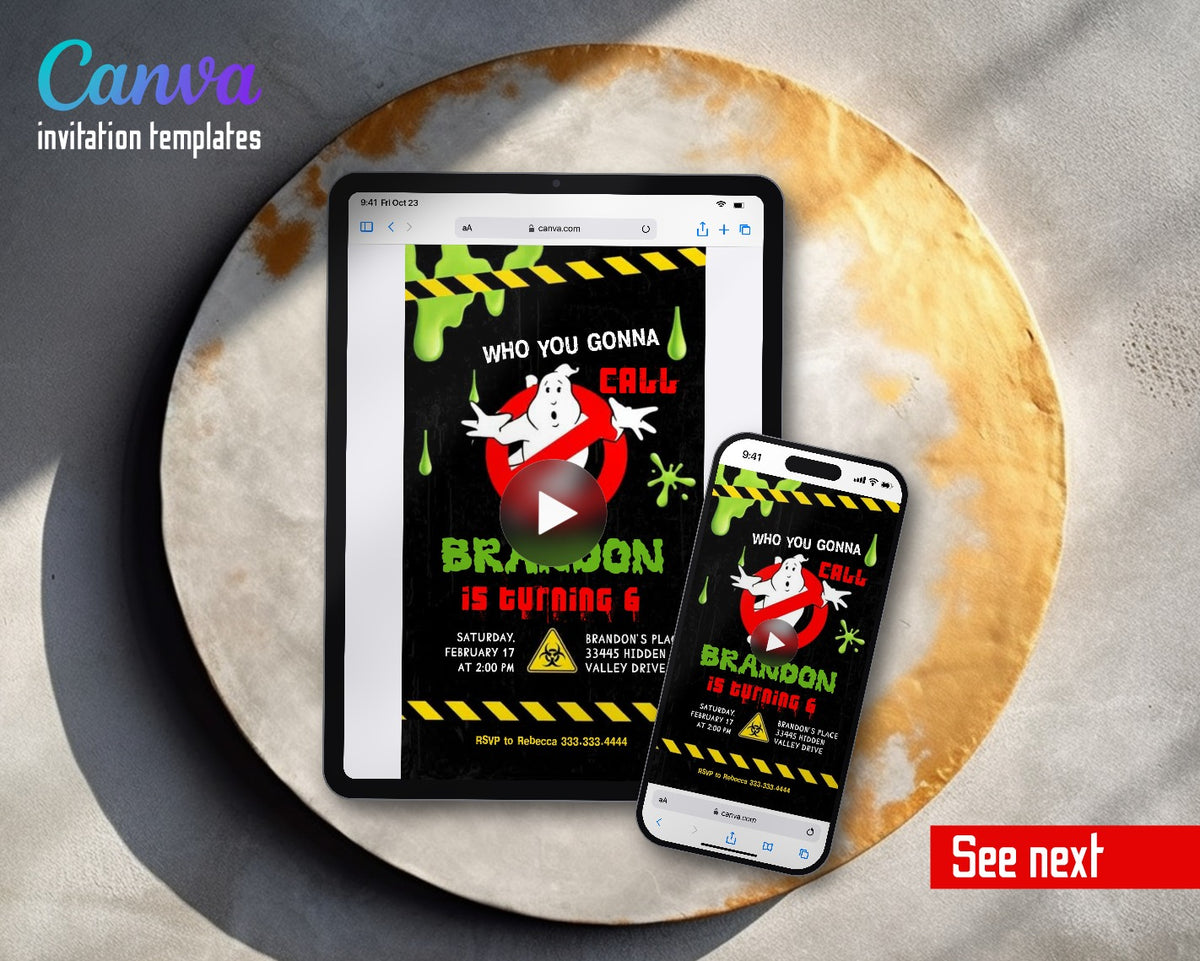 Ghostbusters Hazard Tape Black Slime Video Birthday Invitation | Animated Evite | Editable Canva