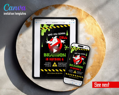 Ghostbusters Hazard Tape Black Slime Video Birthday Invitation | Animated Evite | Editable Canva