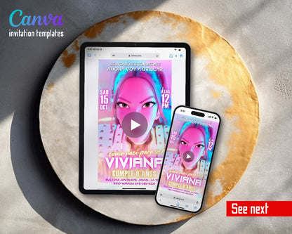 K-pop Demon Hunter Spanish Pink Close-Up Video Birthday Invitation | Animated Evite | Editable Canva