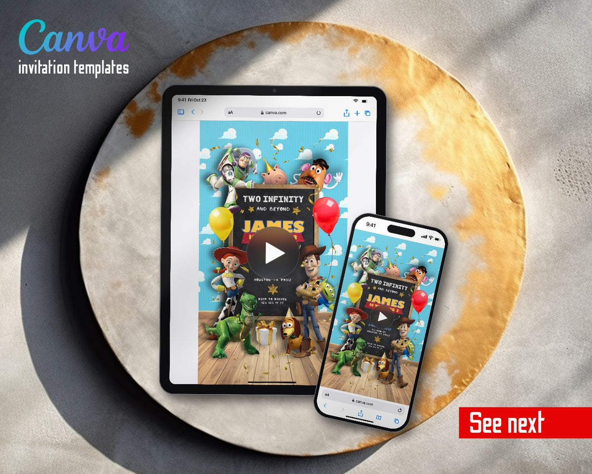 Toy Story Woody Buzz Lightyear Chalkboard Room Video Birthday Invitation | Animated Evite | Editable Canva