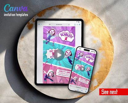 Spider Gwen Ghost Spidey Lilac Panels Video Birthday Invitation | Animated Evite | Editable Canva