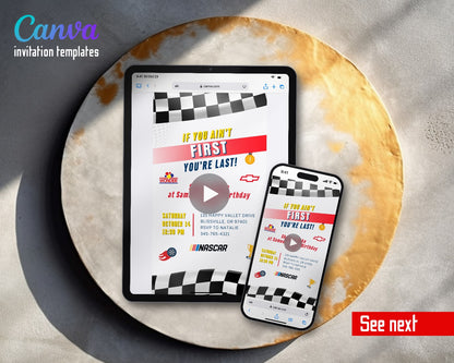 Nascar Racing Ricky Bobby Ain't First Light Flag Video Birthday Invitation | Animated Evite | Editable Canva