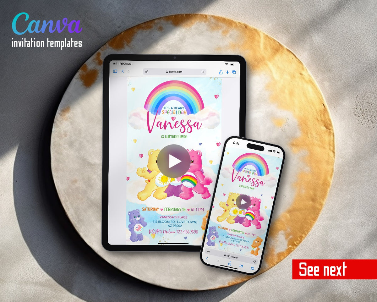 Care Bears Rainbow Cloud Video Birthday Invitation | Animated Evite | Editable Canva
