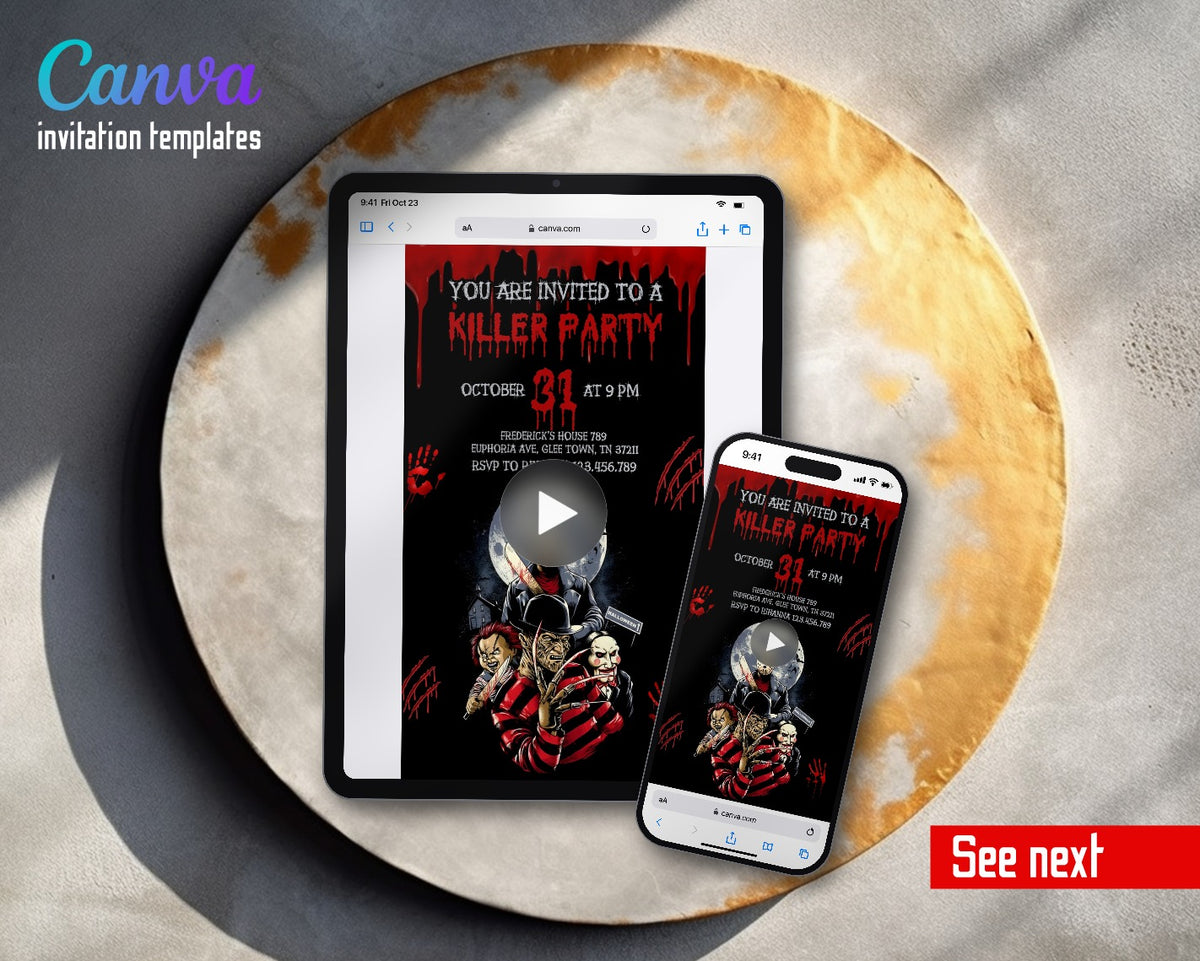 Horror Killer Movie Party Full Moon Crew Video Birthday Invitation | Animated Evite | Editable Canva