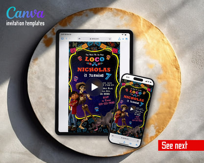 Coco Día Muertos Halloween Neon Skeleton Marigold Video Birthday Invitation | Animated Evite | Editable Canva