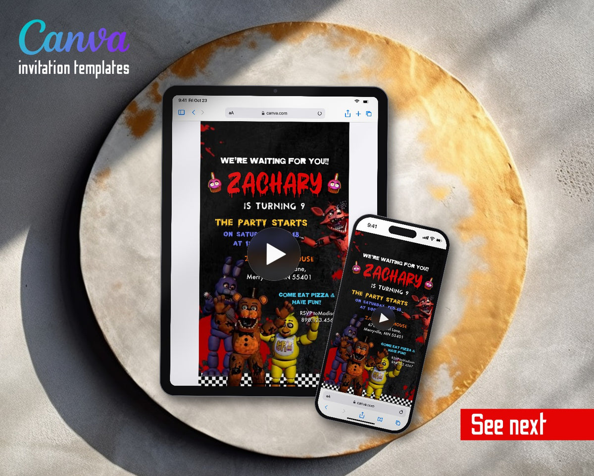 Five Nights at Freddy's Dripping Blood Animatronics Video Birthday Invitation | Animated Evite | Editable Canva