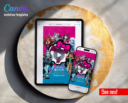 Monster High Pink Bow Zebra Stripe Video Birthday Invitation | Animated Evite | Editable Canva