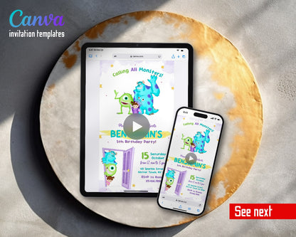 Monsters, Inc. Purple Door Watercolor Video Birthday Invitation | Animated Evite | Editable Canva