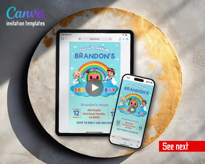 Cocomelon Watermelon Rainbow Cloud Video Birthday Invitation | Animated Evite | Editable Canva