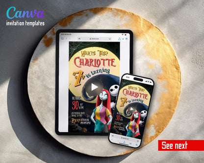 The Nightmare Before Christmas Halloween Yellow Moon Sally Portrait Video Birthday Invitation | Animated Evite | Editable Canva