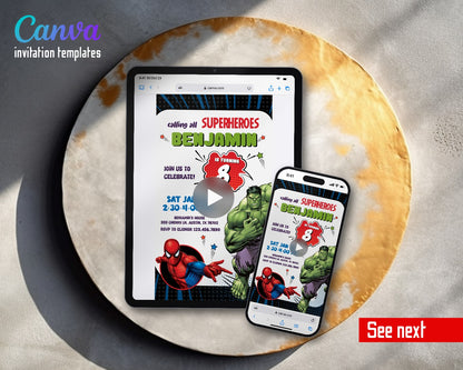 Avengers Hulk Spidey Round Frame Video Birthday Invitation | Animated Evite | Editable Canva