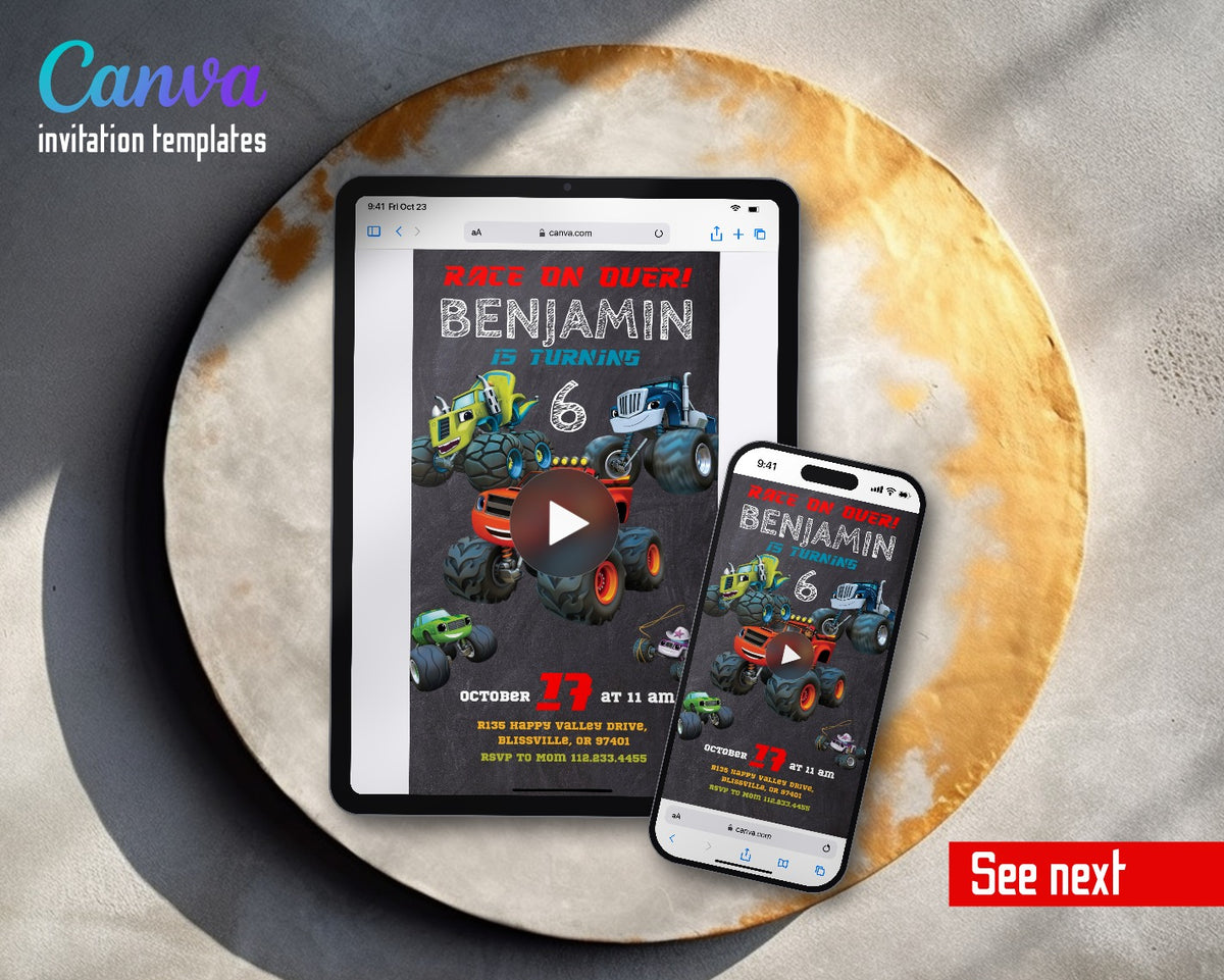 Blaze Monster Machines Trucks Chalk Video Birthday Invitation | Animated Evite | Editable Canva