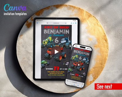 Blaze Monster Machines Trucks Chalk Video Birthday Invitation | Animated Evite | Editable Canva