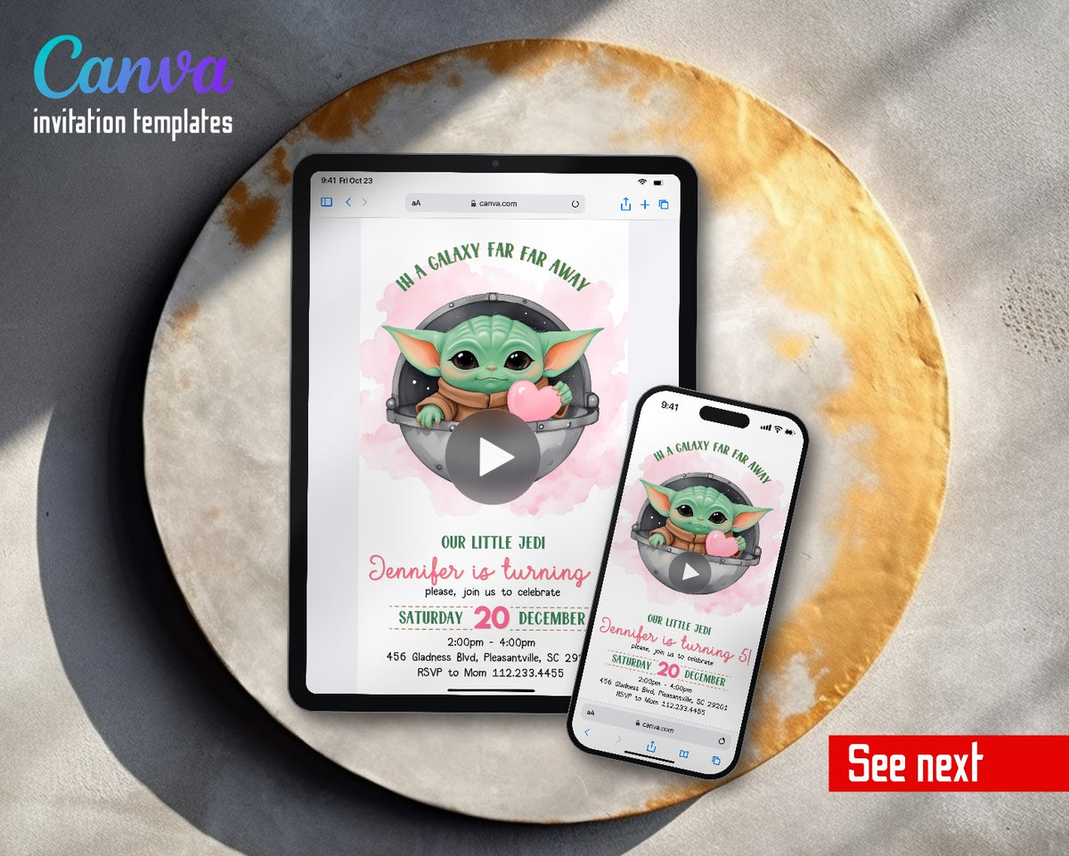 Baby Yoda Grogu Star Wars Mandalorian Pink Pod Video Birthday Invitation | Animated Evite | Editable Canva