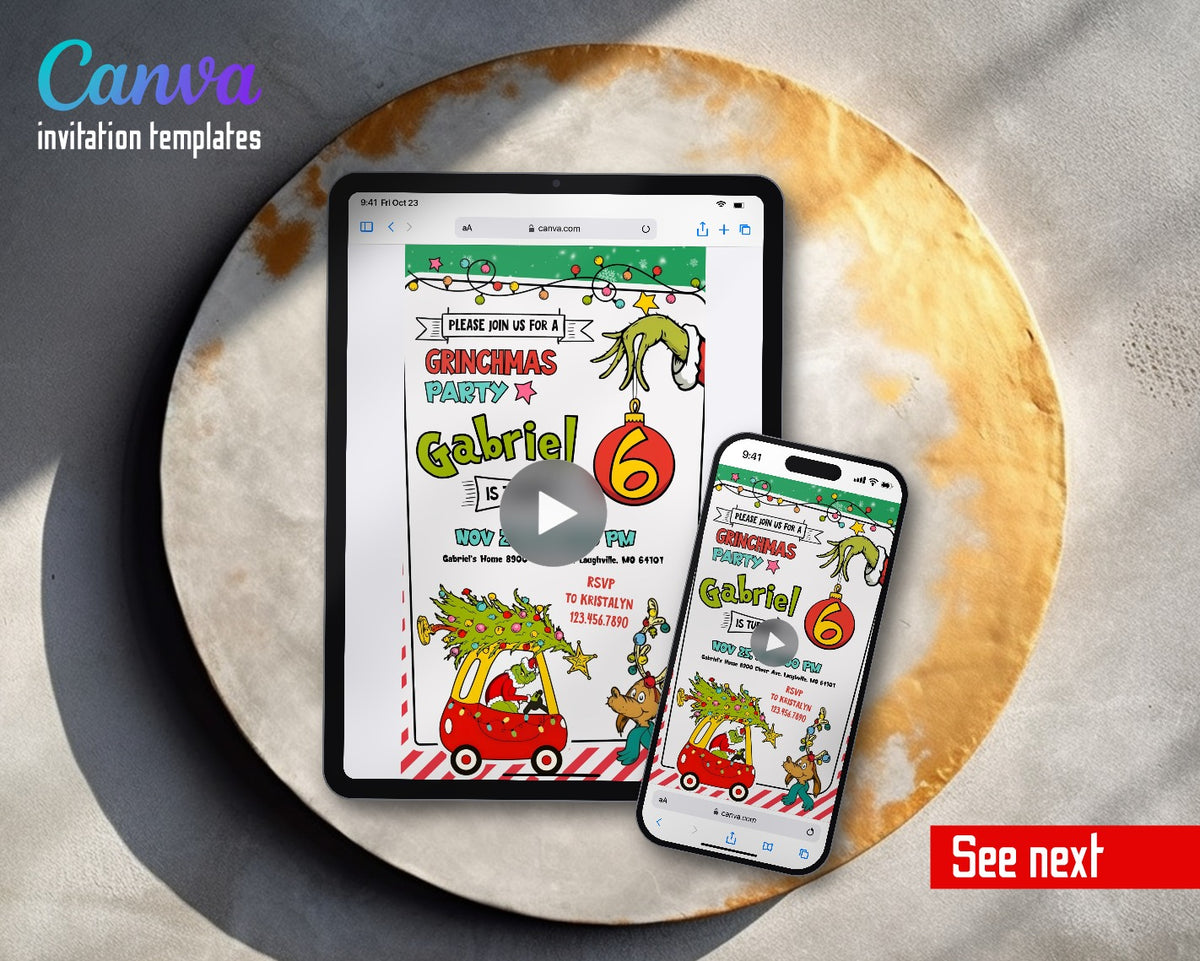 The Grinch Merry Grinchmas Max Wagon Tree Sleigh Video Birthday Invitation | Animated Evite | Editable Canva