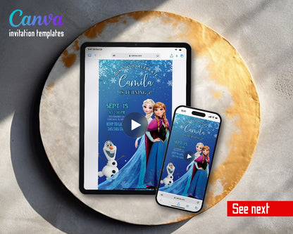 Frozen Elsa Blue Sparkle Anna Video Birthday Invitation | Animated Evite | Editable Canva